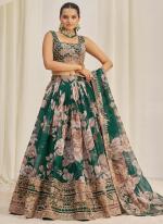 Organza Dark Green Party Wear Printed Lehenga Choli